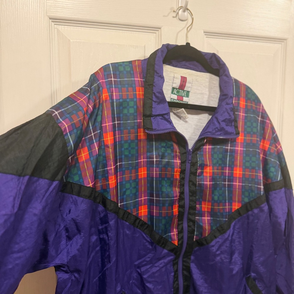 Active Exposure Vintage Purple Plaid Colorblock Windbreaker Jacket Womens 2X - Picture 2 of 16